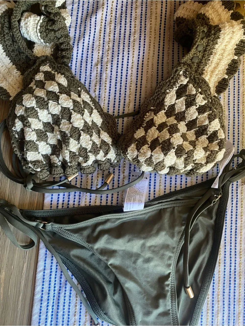 Zimmermann Olive & Ivory Check Ruffle-Trim Crochet Sz 6 NWT